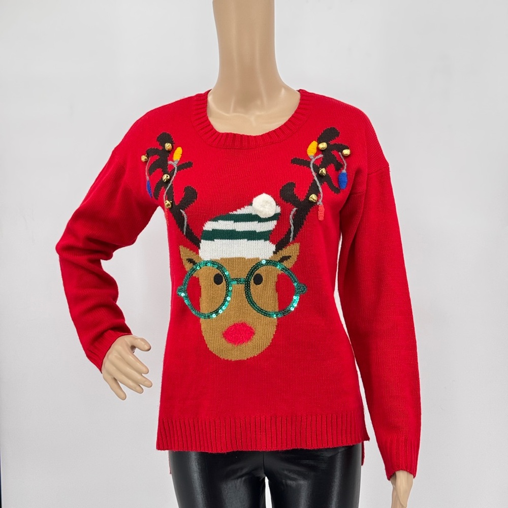 Ugly Christmas Sweater – Reindeer with Glasses, Bells & Striped Back
